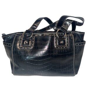 Relic Handbag Black Faux Leather CrocEmbossed Classic Purse Side Pockets Studded
